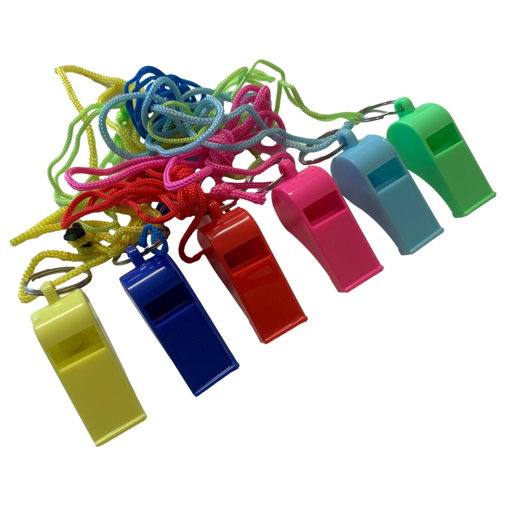 Bag of 10 Assorted Coloured Plastic Whistles with Lanyard Neck Cord