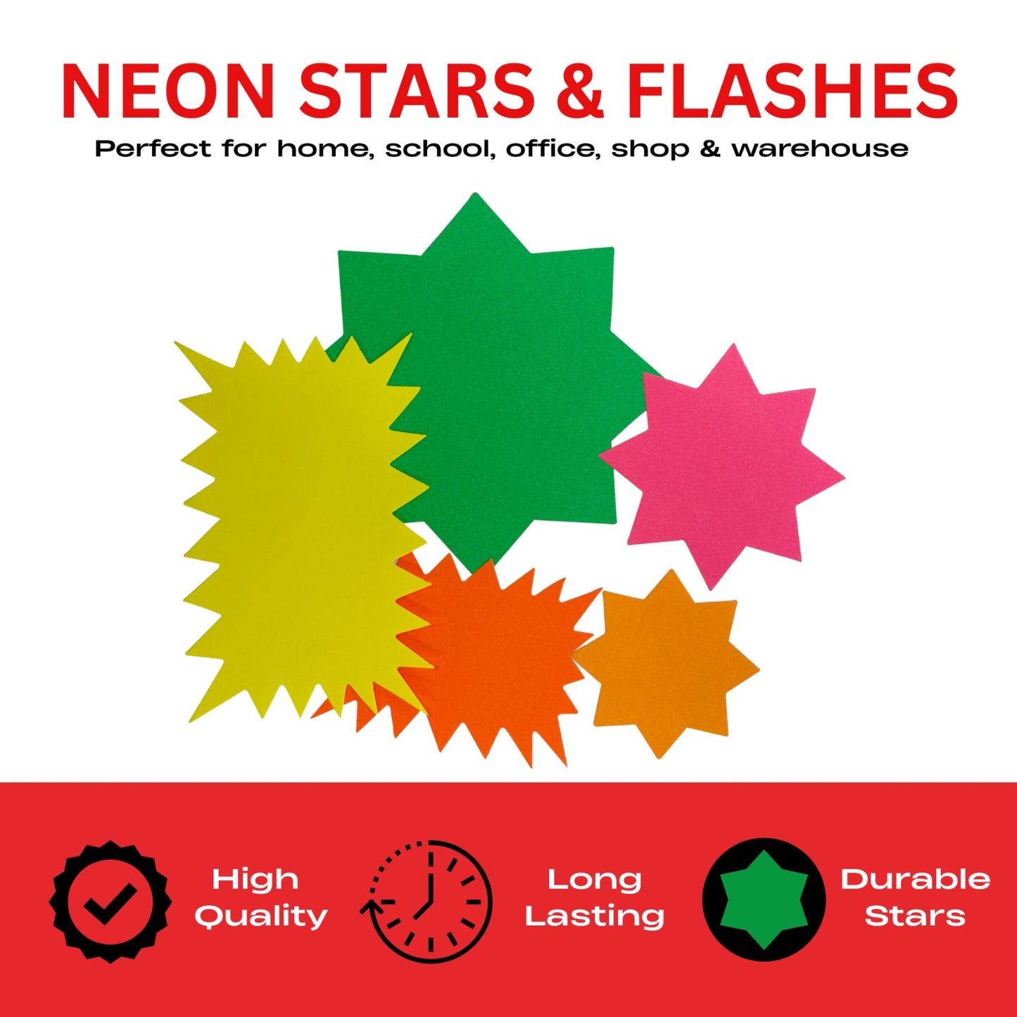 Pack of 50 Assorted Coloured Neon Fluorescent Stars & Flashes in Assorted Size