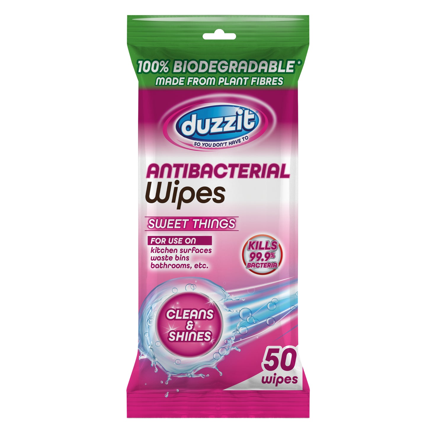 Pack of 50 Duzzit Biodegradable Antibacterial Sweet Things Scented Wipes