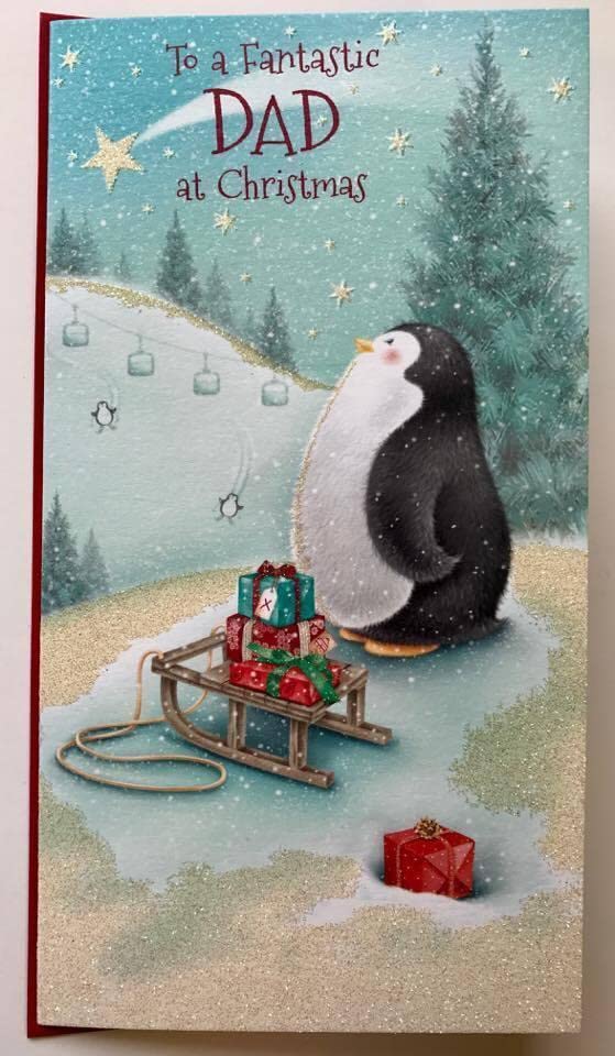 Fantastic Dad At Christmas Penguin With Gift Box  Glitter Xmas Card 