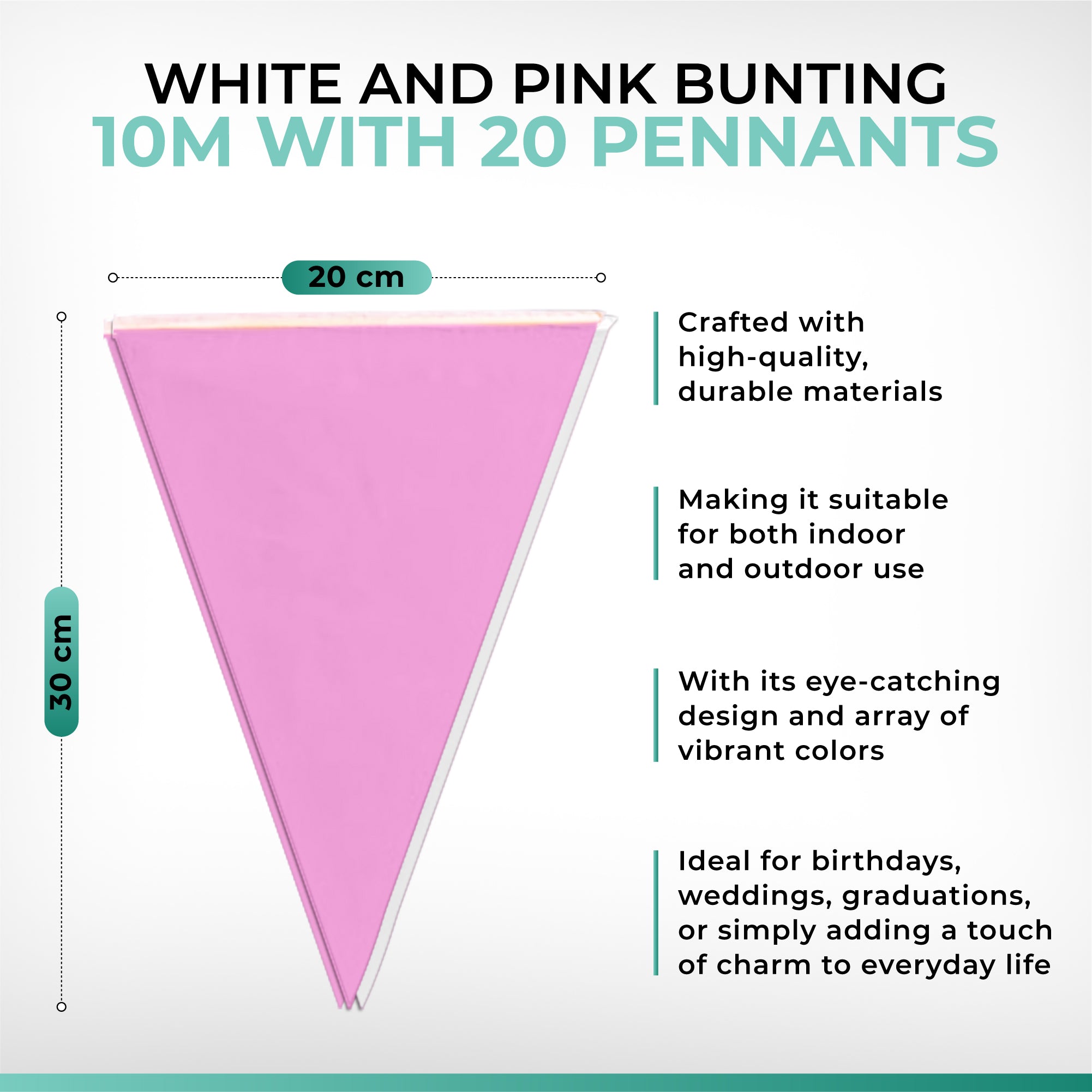 White Light Pink Alternate Bunting 10m with 20 Pennants
