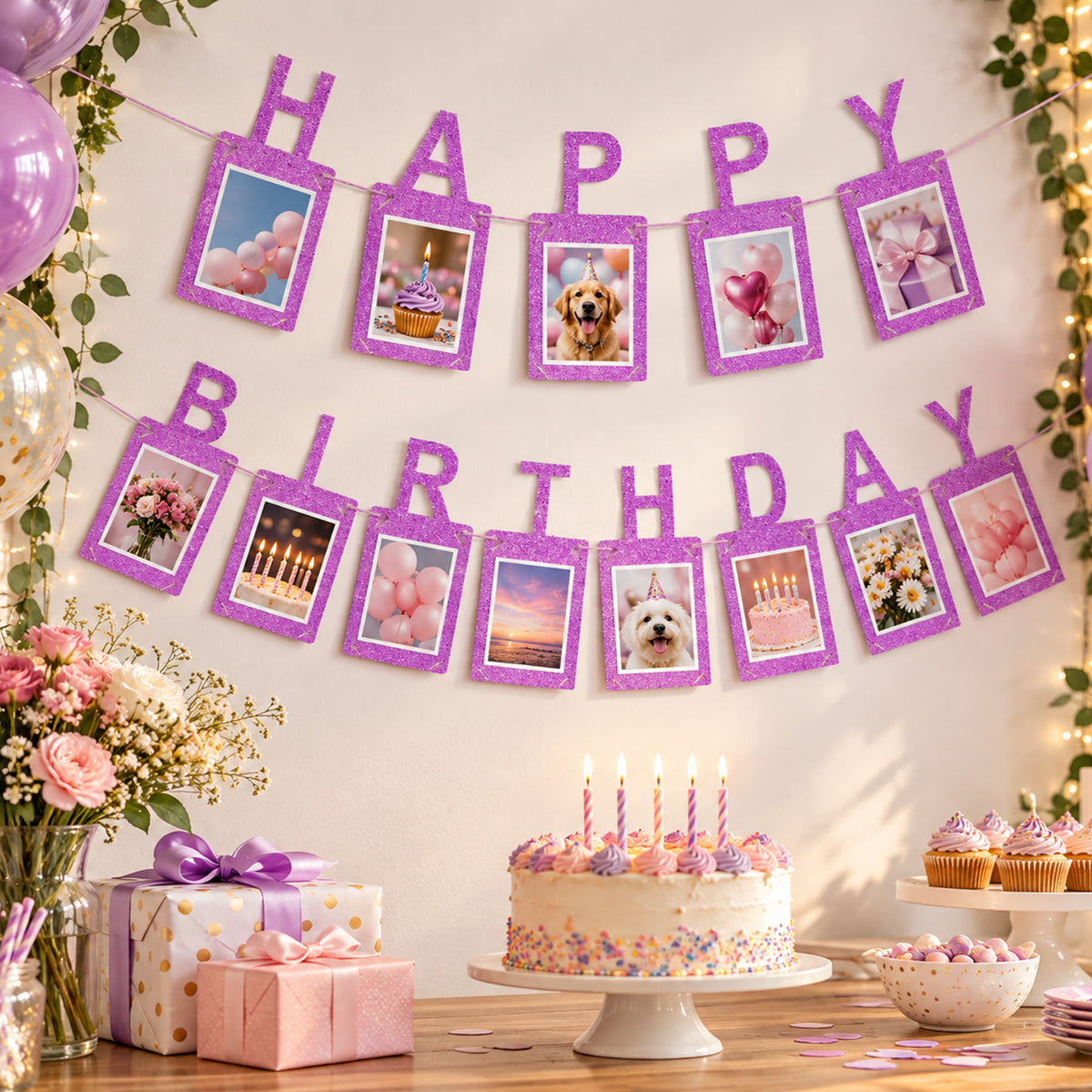 Pink Photo Insert HAPPY BIRTHDAY Banner with Ribbon