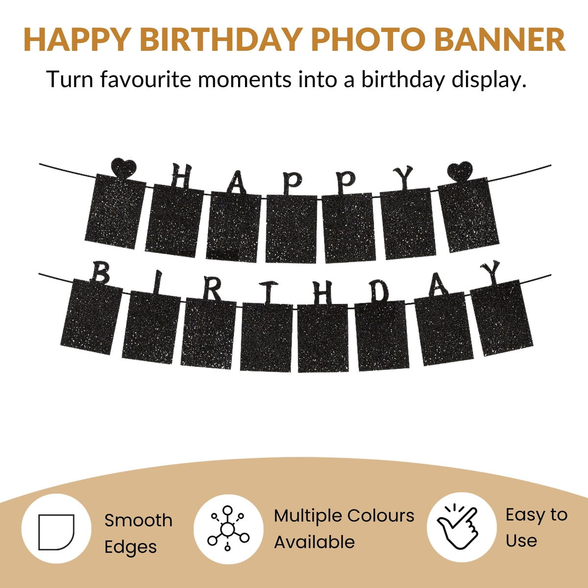 Glitter Gold Photo Insert HAPPY BIRTHDAY with Hearts Banner with Ribbon