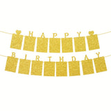 Glitter Gold Photo Insert HAPPY BIRTHDAY with Hearts Banner with Ribbon