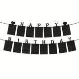 Glitter Black Photo Insert HAPPY BIRTHDAY with Hearts Banner with Ribbon