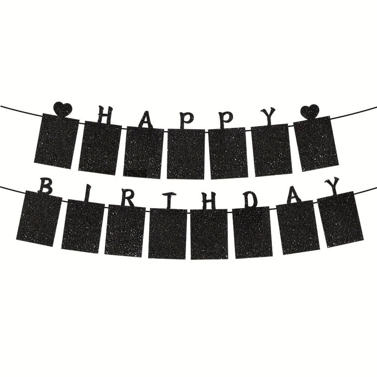 Glitter Black Photo Insert HAPPY BIRTHDAY with Hearts Banner with Ribbon