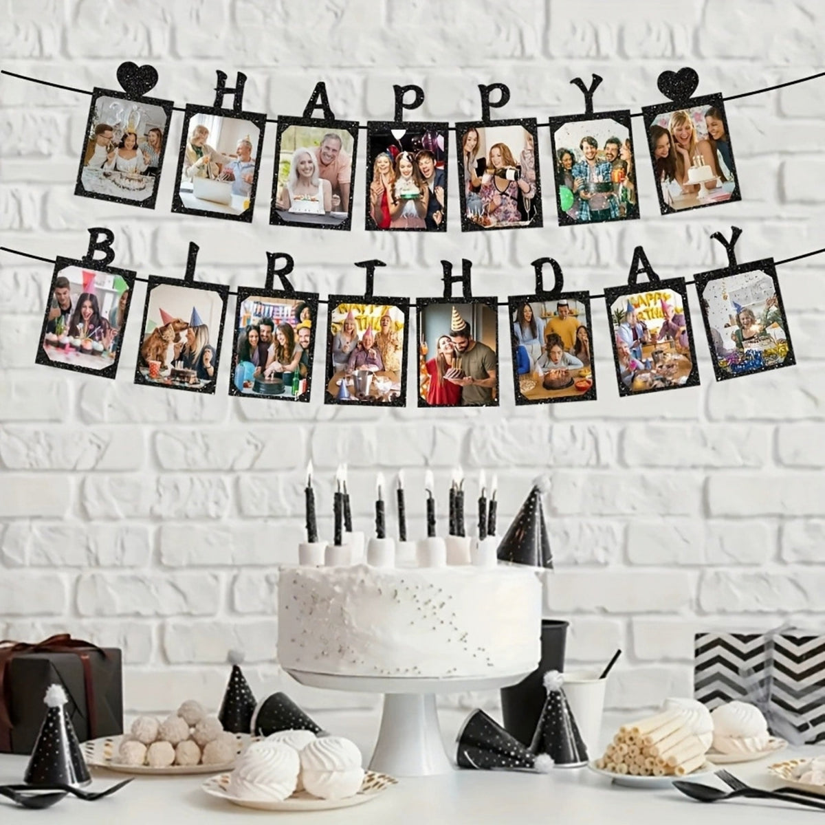 Glitter Blue Photo Insert HAPPY BIRTHDAY with Hearts Banner with Ribbon