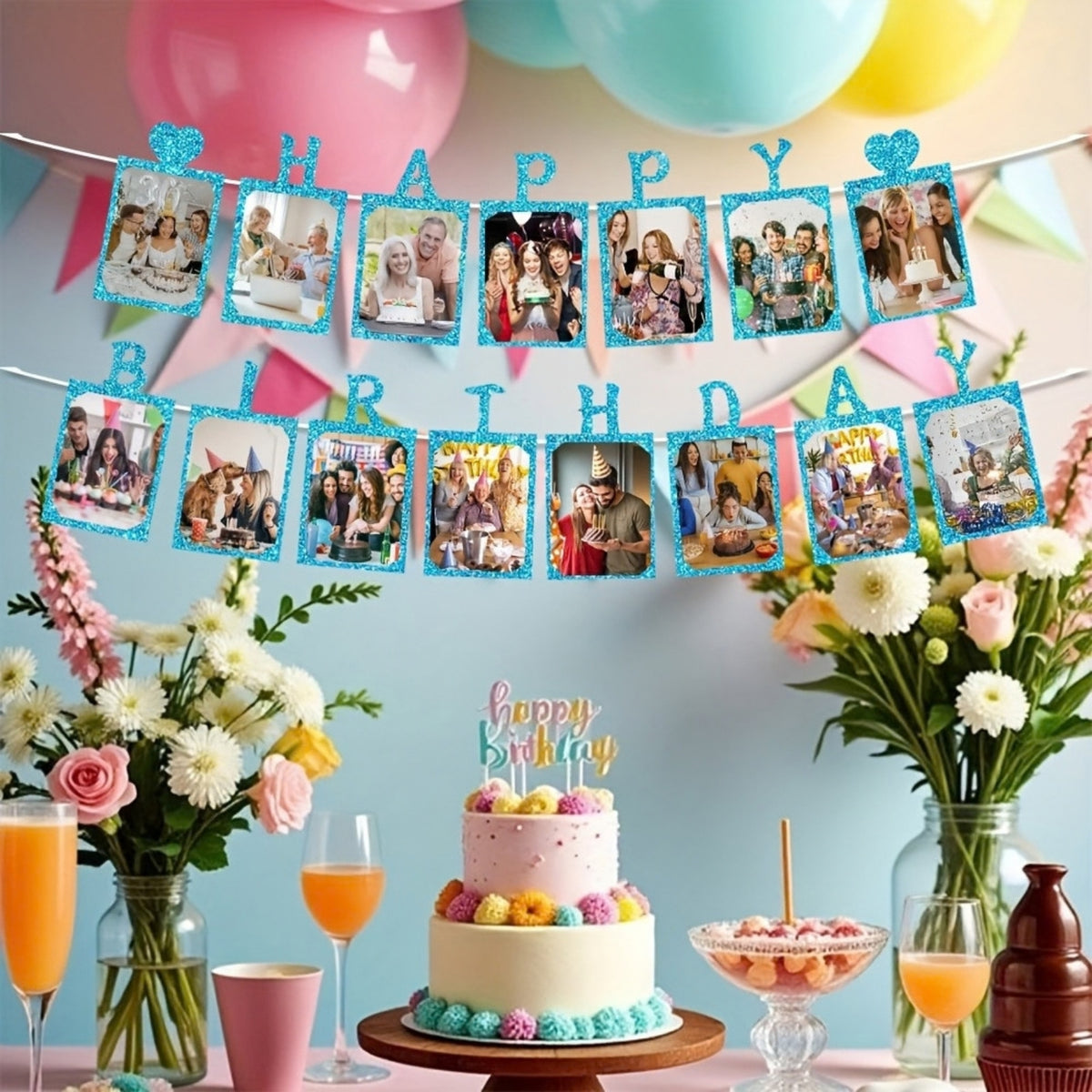 Glitter Blue Photo Insert HAPPY BIRTHDAY with Hearts Banner with Ribbon