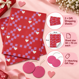 Pack of 2 Cupid Check Design 50 x 70 cm Gift Wrap Sheets with 2 Tags - Valentine’s Mother's Day Birthdays Everyday Celebrations