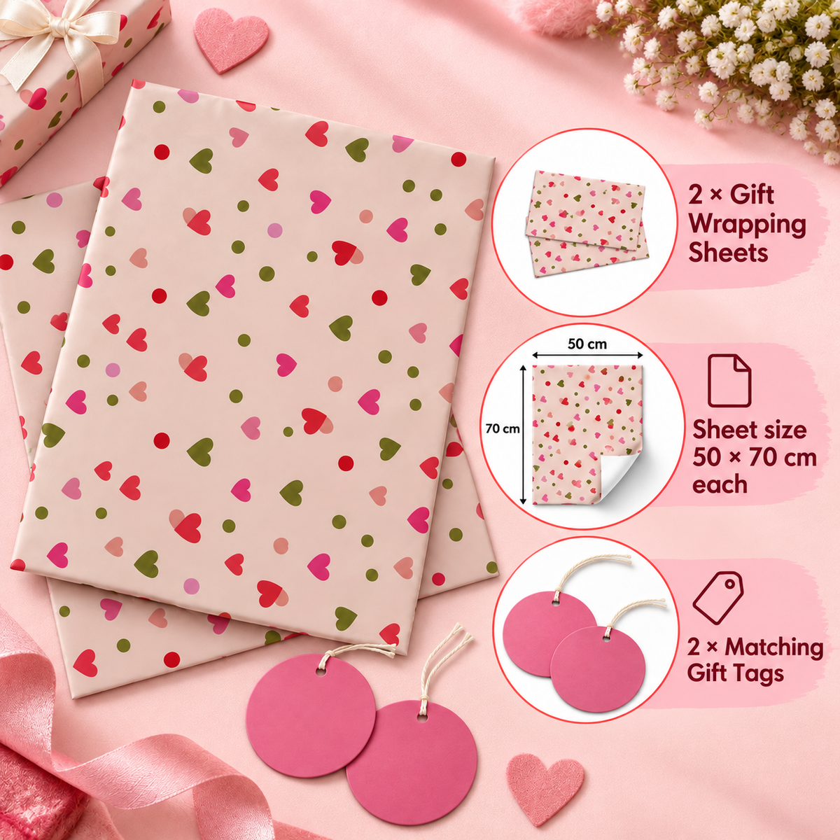 Pack of 2 Tinny Heart Toss Design 50 x 70 cm Gift Wrap Sheets with 2 Tags - Valentine’s Day Christmas Romantic Occasions Birthdays