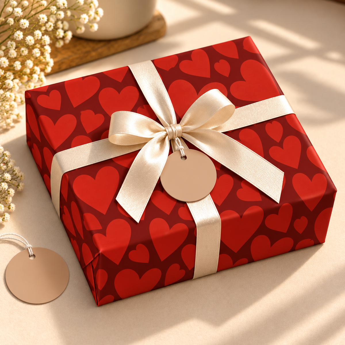 Pack of 2 Scarlet Hearts Design 50 x 70 cm Gift Wrap Sheets with 2 Tags - Valentine’s Day Christmas Romantic Occasions Birthdays