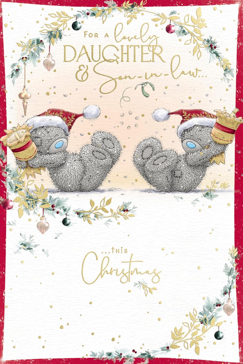 Bears Pulling a Large Cracker Daughter And Son In Law Christmas Card