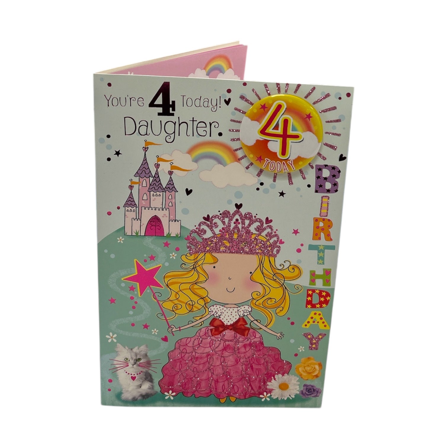 Daughter Age 4 Princess With Magic Wand Juvenile Birthday Card With Badge 4th