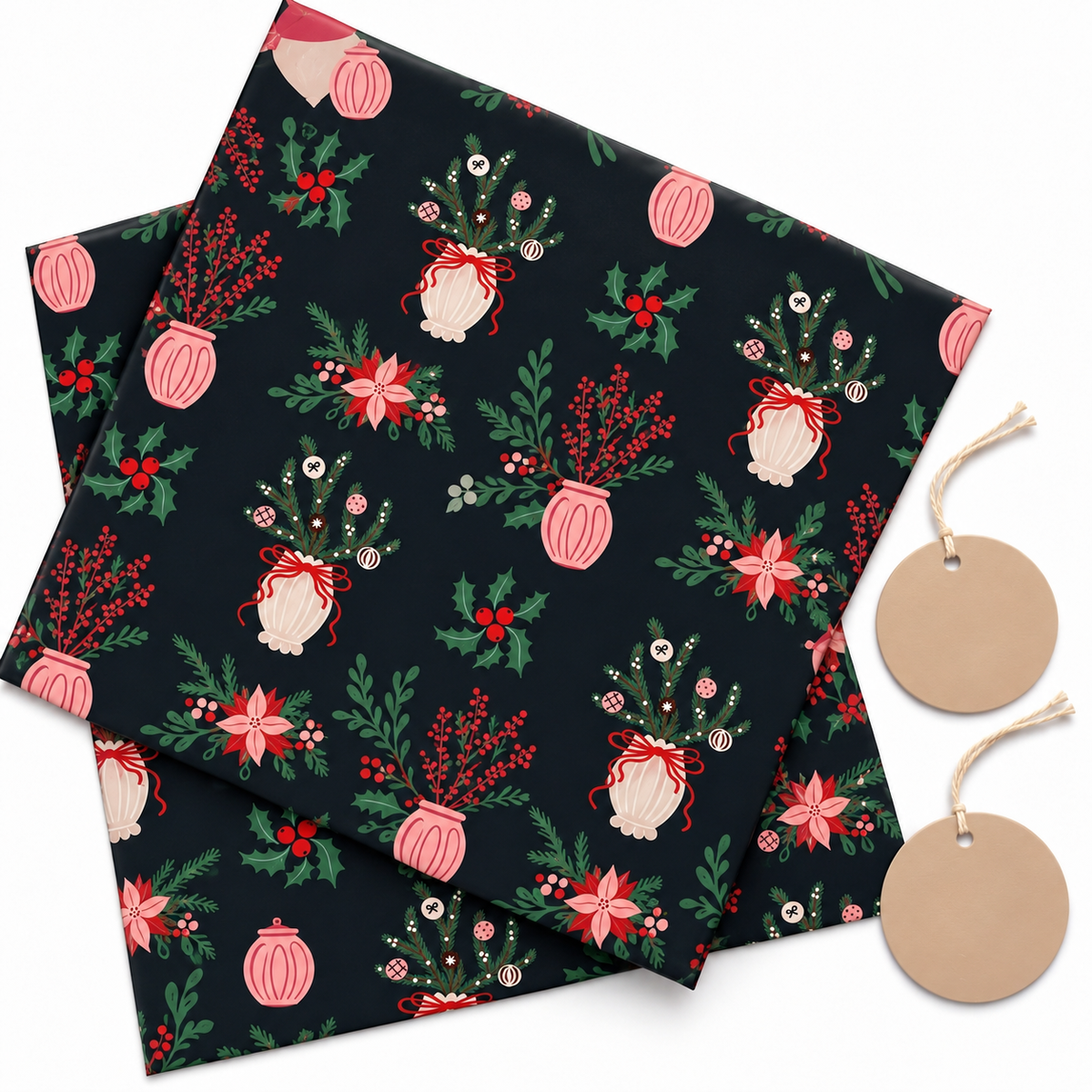 Pack of 2 Winter Bouquet Design 50 x 70 cm Gift Wrap Sheets with 2 Tags - Christmas Seasonal Celebrations Winter Parties