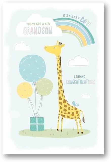New Baby Boy Grandson Birth Congratulations Card Giraffe, Rainbow & Balloons  