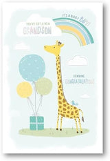 New Baby Boy Grandson Birth Congratulations Card Giraffe, Rainbow & Balloons  