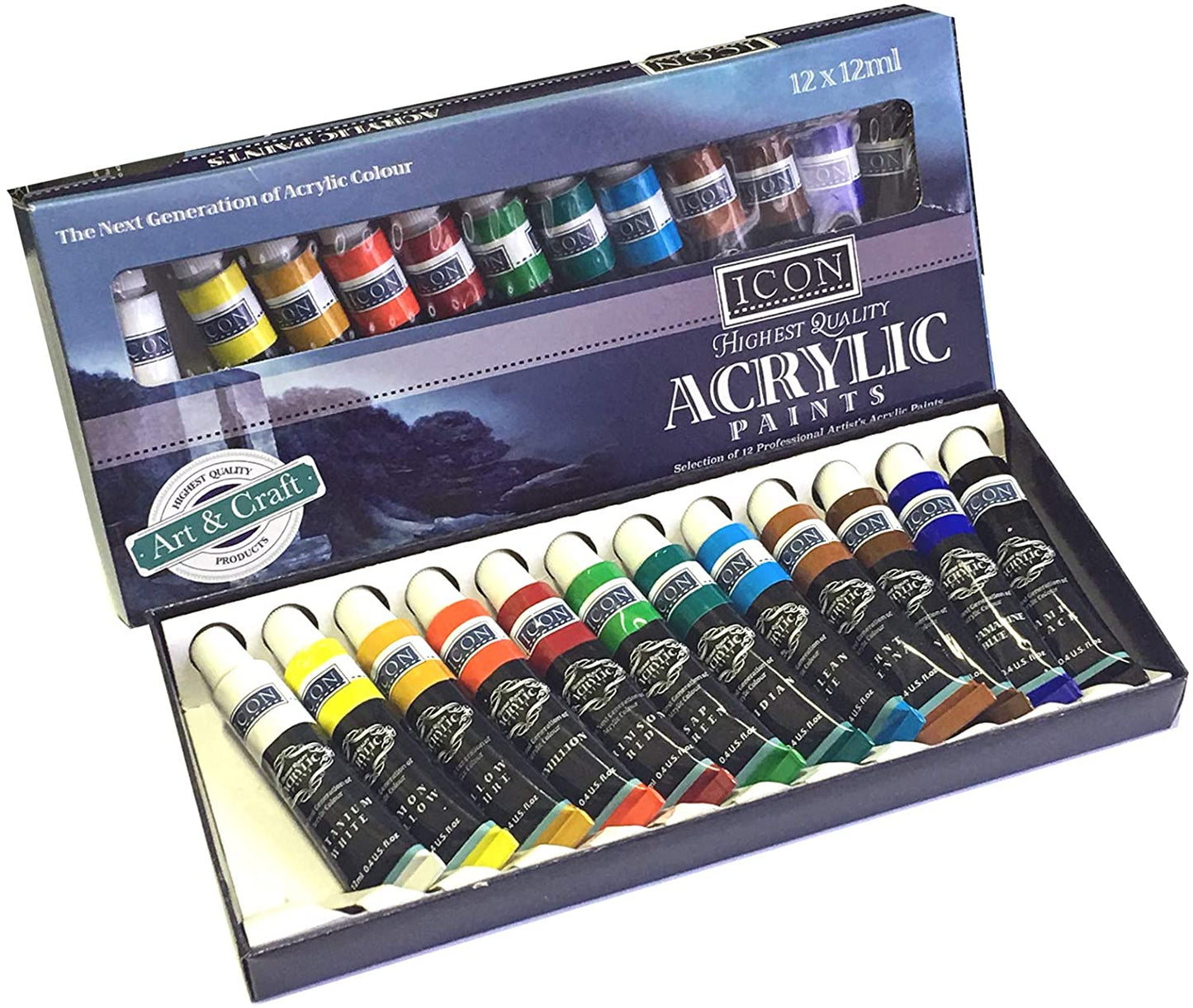 Pack of 12x12ml Acrylic Paints by Icon Art