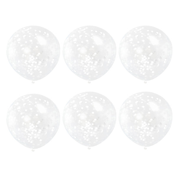 Pack of 6 Clear Latex Balloons with White Confetti 12"
