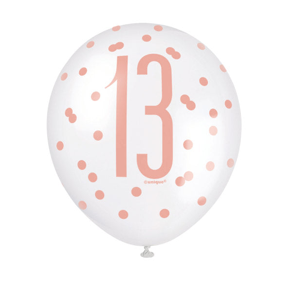 Pack of 6 12" Birthday Rose Gold Glitz Number 13 Latex Balloons {DC}