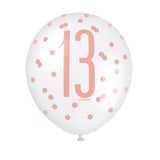 Pack of 6 12" Birthday Rose Gold Glitz Number 13 Latex Balloons {DC}