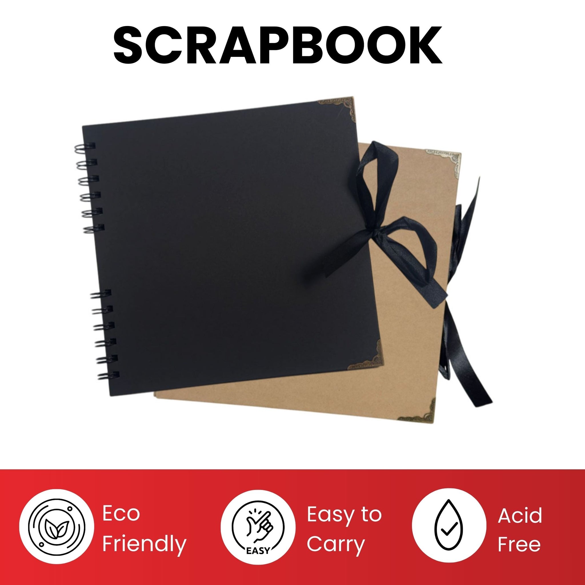 30 Sheets 20x20cm Spiral Bound 180gsm Black Scrapbook with Ribbon Closure and Metal Corners