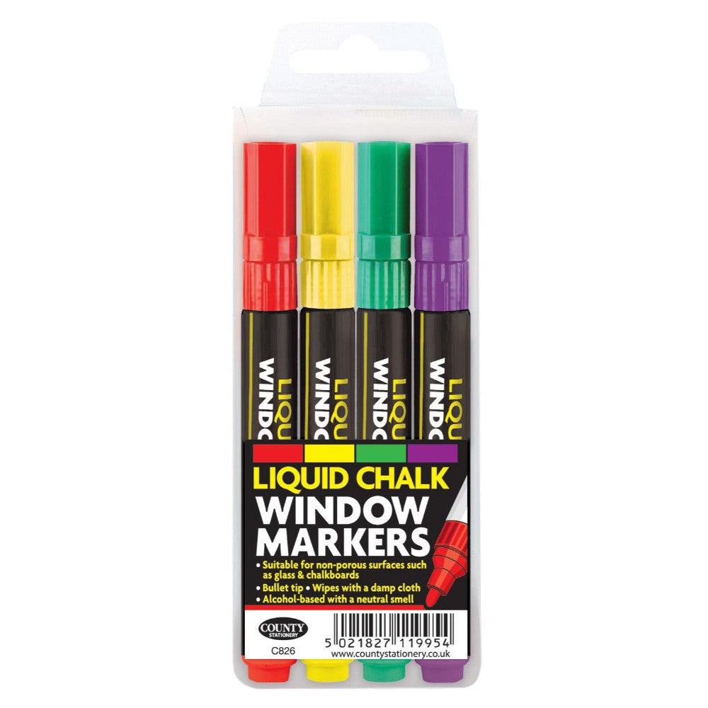 Pack of 4 Liquid Chalk Window Markers Assorted Colour Pens