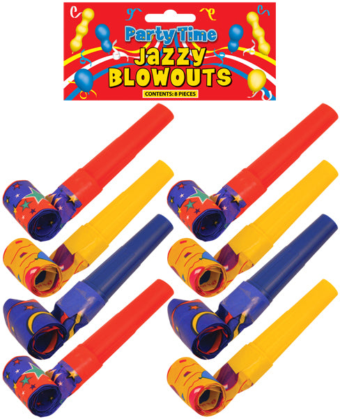 Pack of 8 Party Time Jazzy Design Blowout 4cm (Assorted colours) {DC}