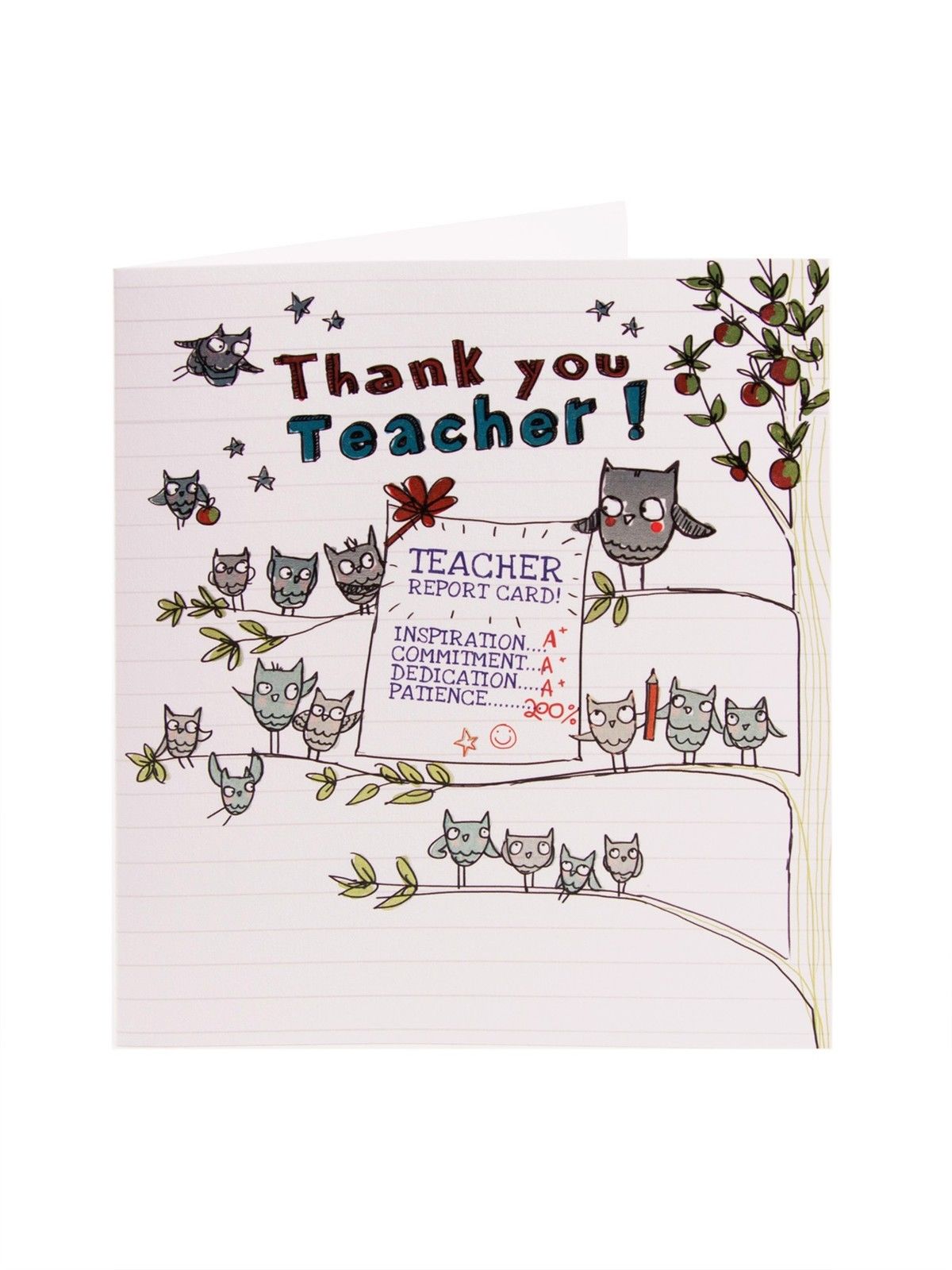 Owls On Branch Thank You Teacher, Report Greetings Card... Gift For Best Teacher