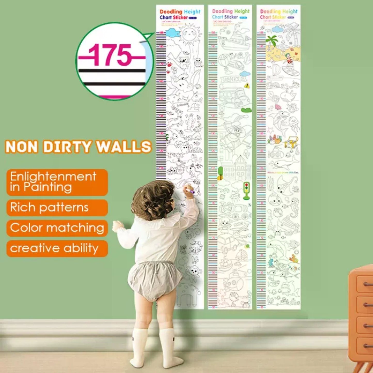 Single Doodling Height Chart Sticker with Removable Glue