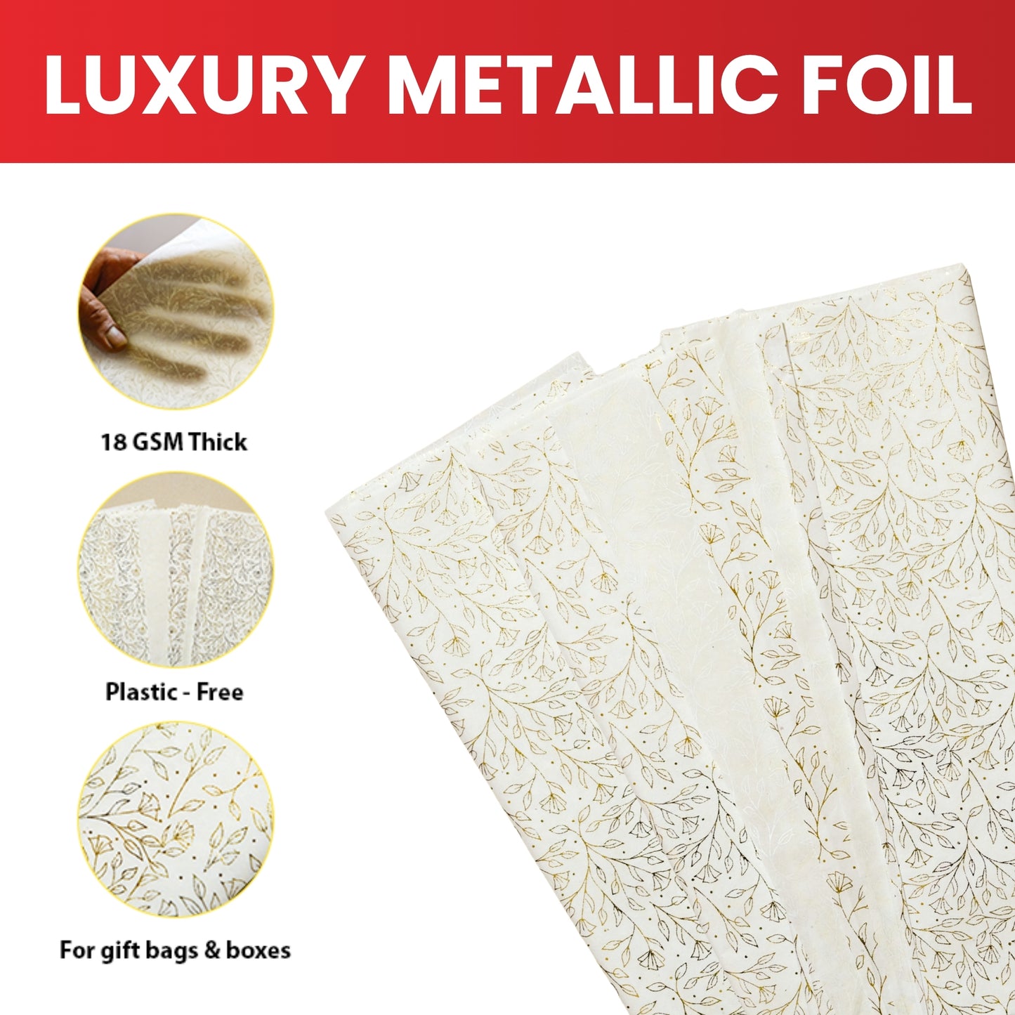 Pack of 10 Flowers Garden Gold Metallic Plastic-Free 18gsm Tissue Paper Sheets 50x70cm