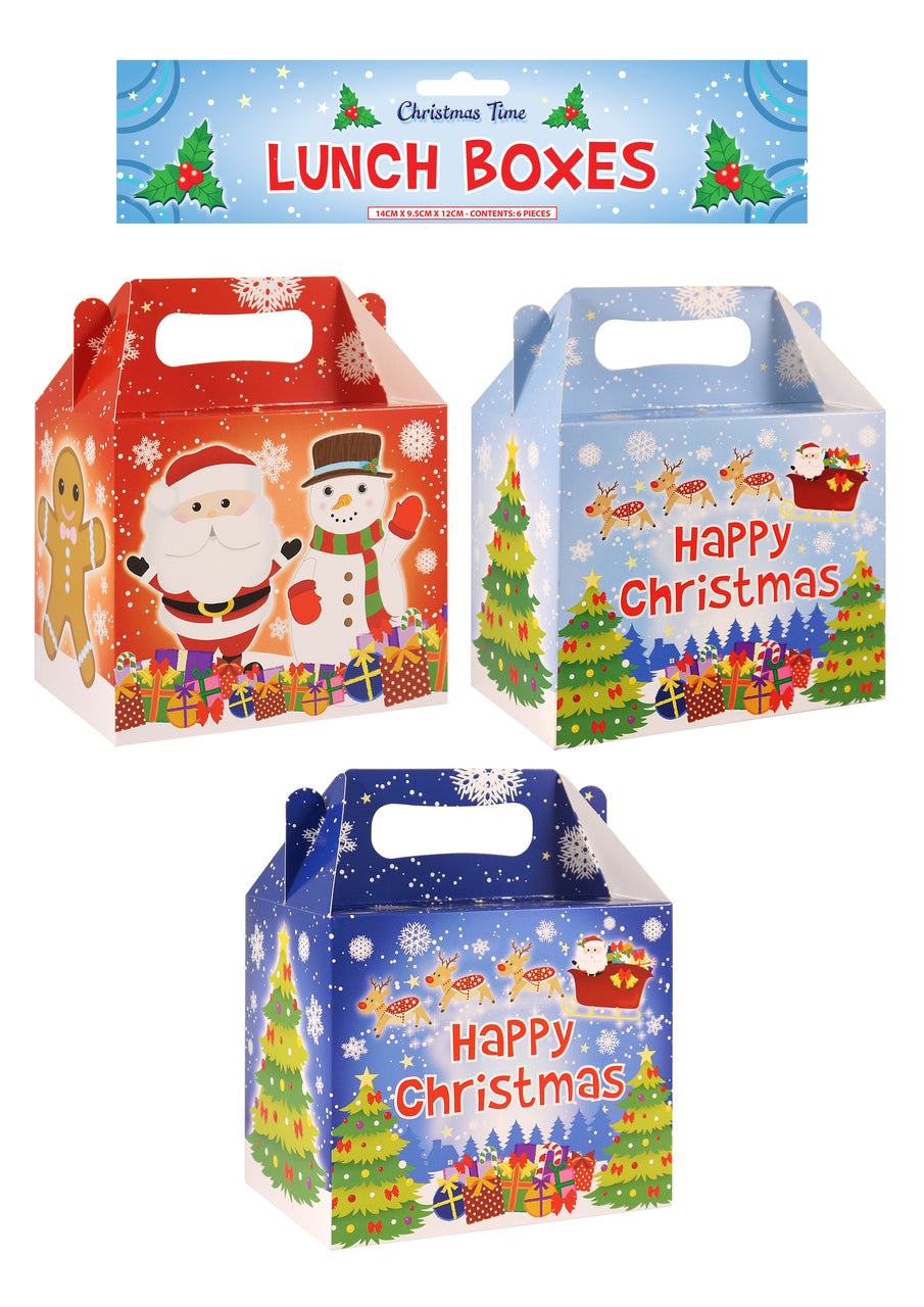 Pack of 6 Christmas Party Lunch Box 3 Assorted design 14l X9.5w X12h Cm {DC}