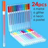 Pack of 24 Assorted Metal Pastel Glitter Neon Gel Ink Pens