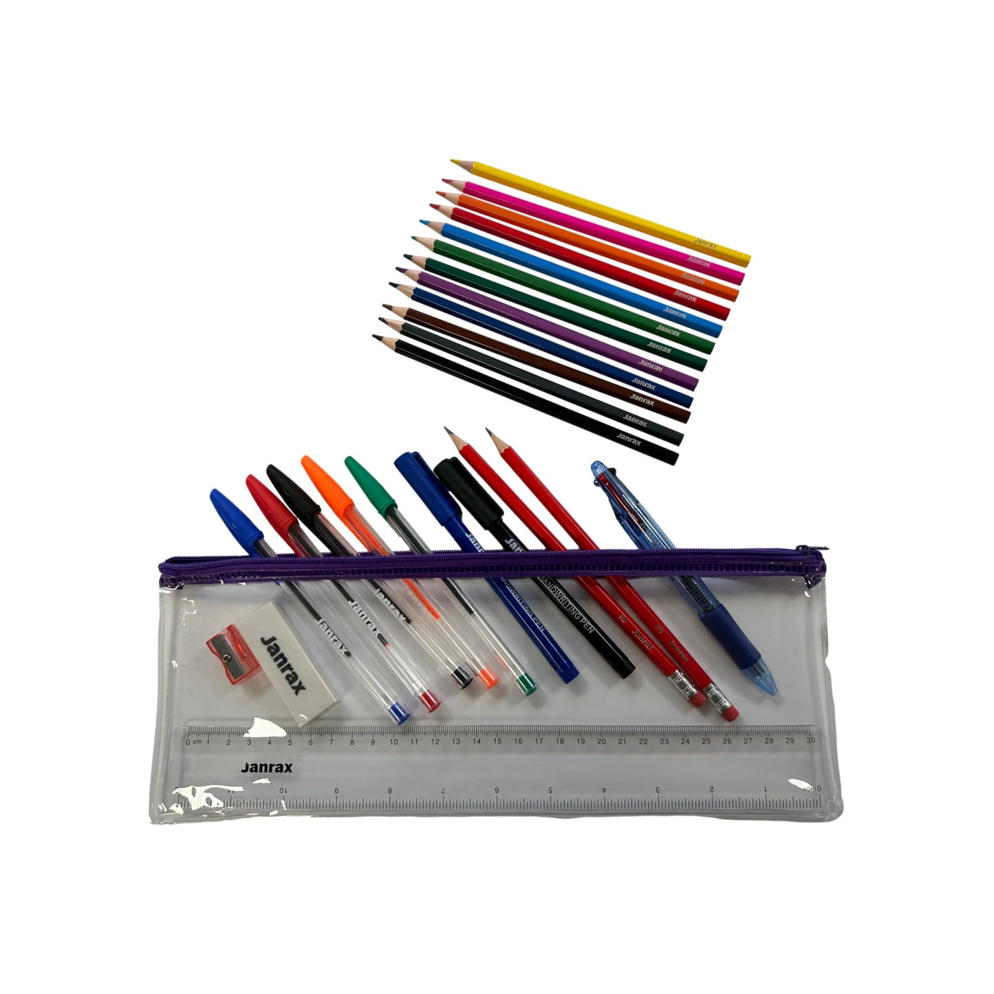 Stationery Filled Purple Zip 13x5" Pencil Case with Colouring Pencils