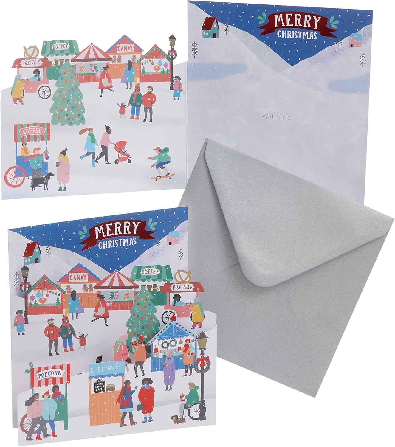 Multipack of 8 Christmas Market Design Christmas Cards With Envelopes