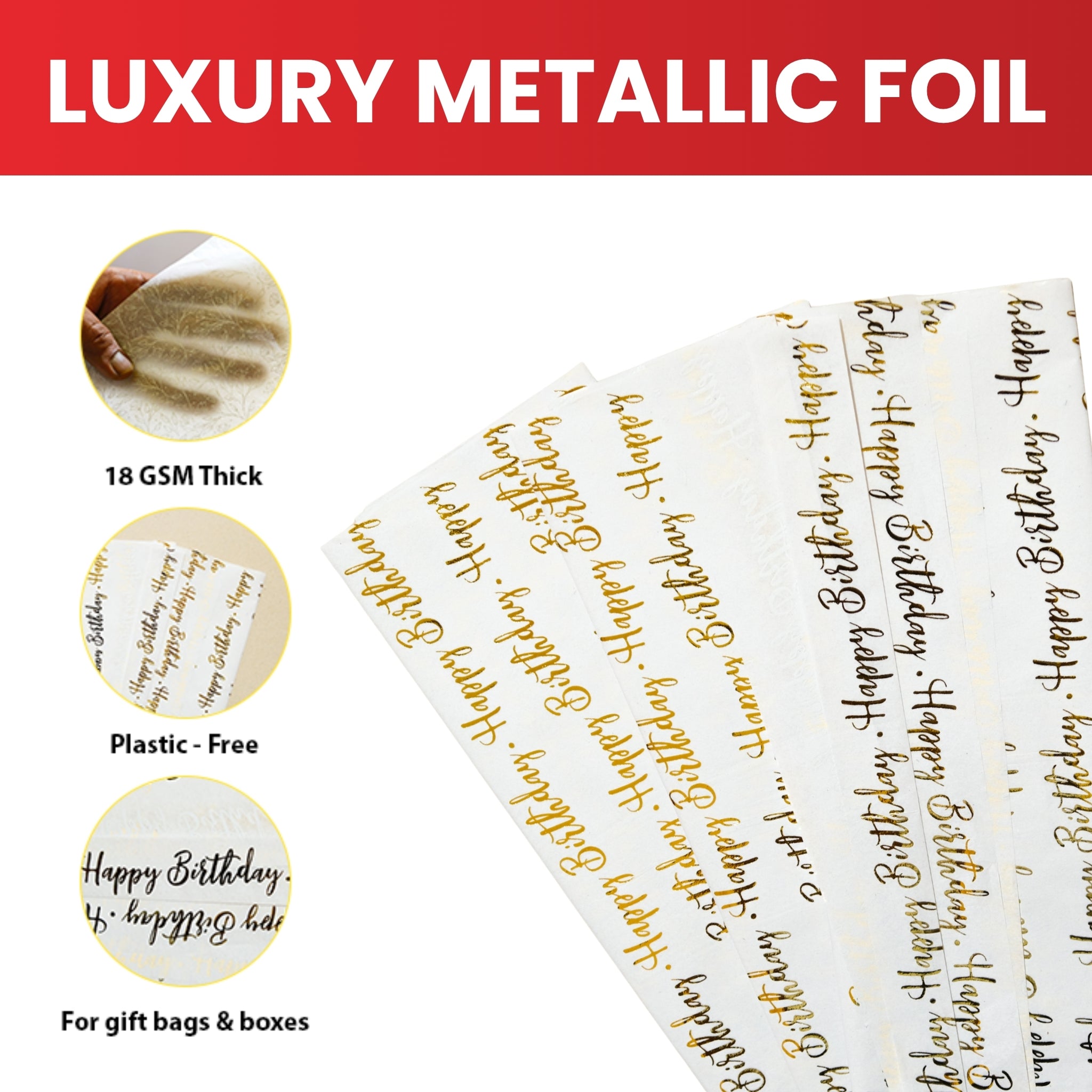 Pack of 10 Happy Birthday Script Luxury Gold Metallic Plastic-Free 18gsm Tissue Paper Sheets 50x70cm