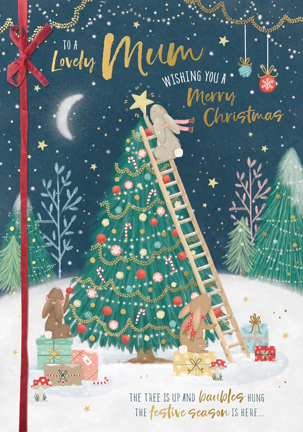 Rabbits Decorating Tree Lovely Mum Large Hand Finished Christmas Card