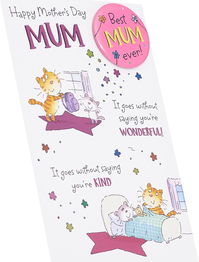Cat Design Best Mum Mother's Day Card Includes Pin Badge