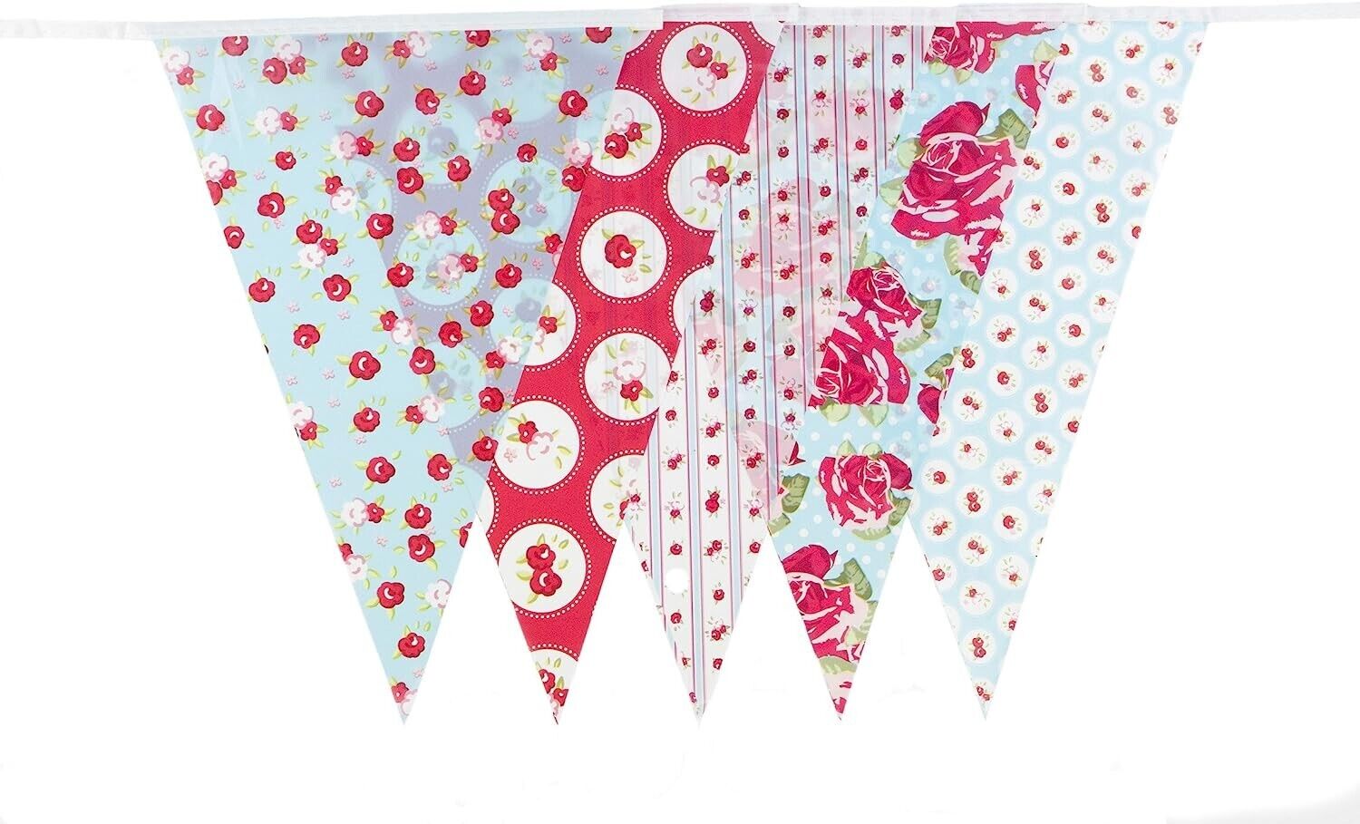 C1008 Red and Baby Blue Shabby Chic Vintage Print Bunting 10m with 20 Pennants