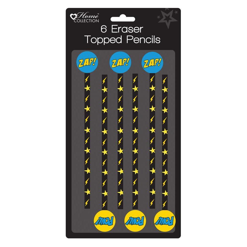 Pack of 6 Superhero  Design Eraser Topped Pencils - Party Bag Fillers
