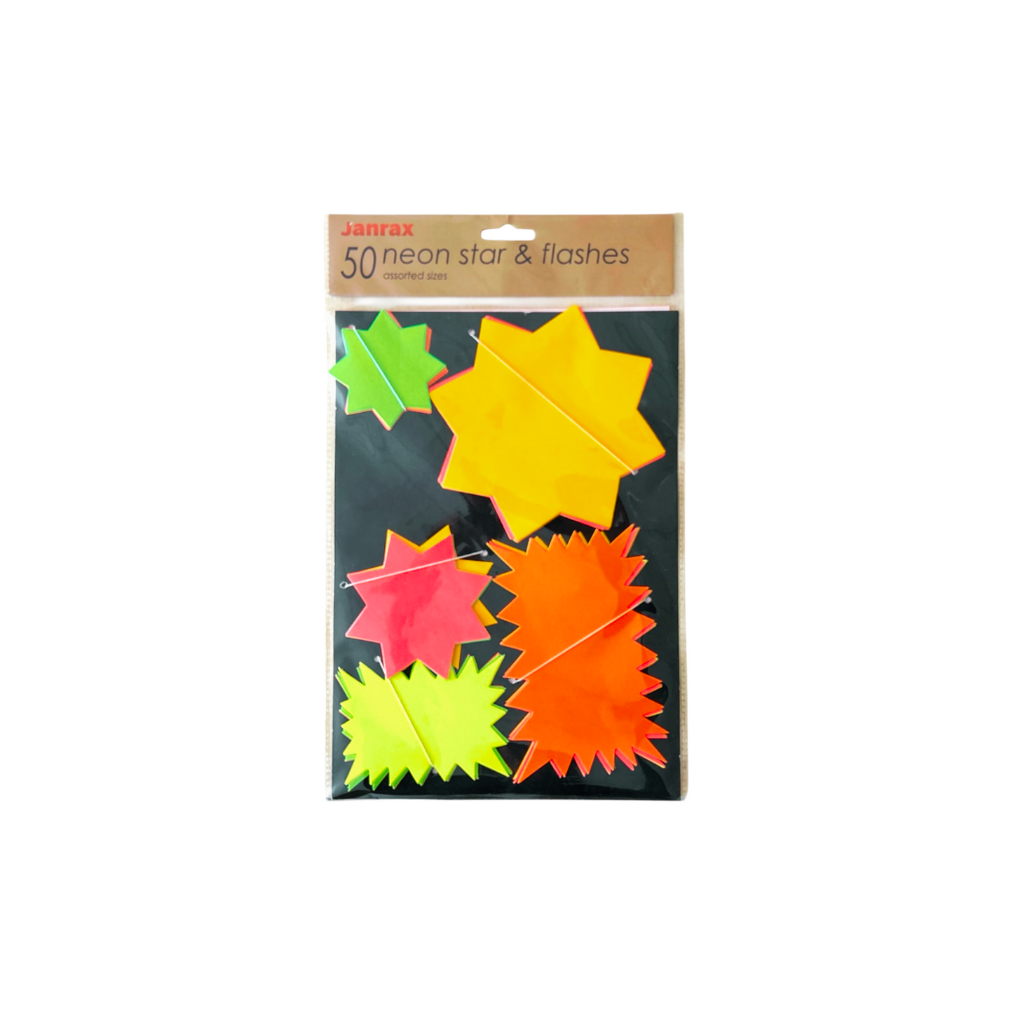 Pack of 50 Assorted Coloured Neon Fluorescent Stars & Flashes in Assorted Size