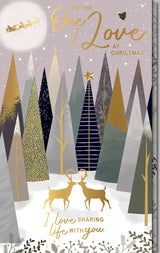 Golden Reindeer & Forest Trees One I Love Large Hand Finished Christmas Card