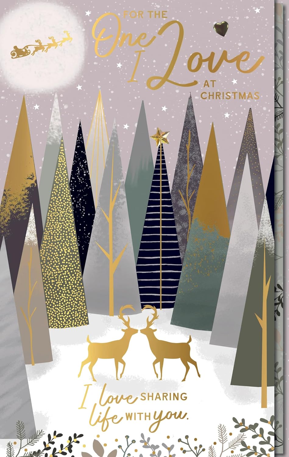 Golden Reindeer & Forest Trees One I Love Large Hand Finished Christmas Card