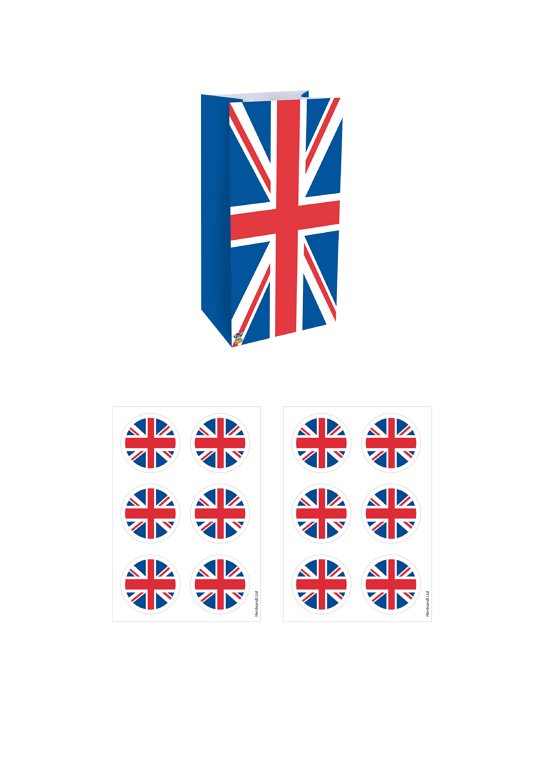 Pack of 12 Union Jack Paper Party Bags with Stickers {DC}