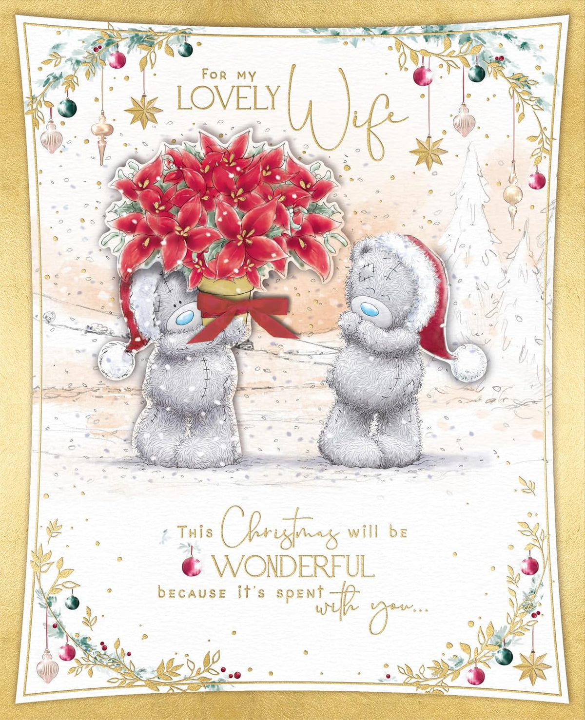 Bears With Poinsettia Lovely Wife With 3D Flowers And Organza Bow Boxed Christmas Card