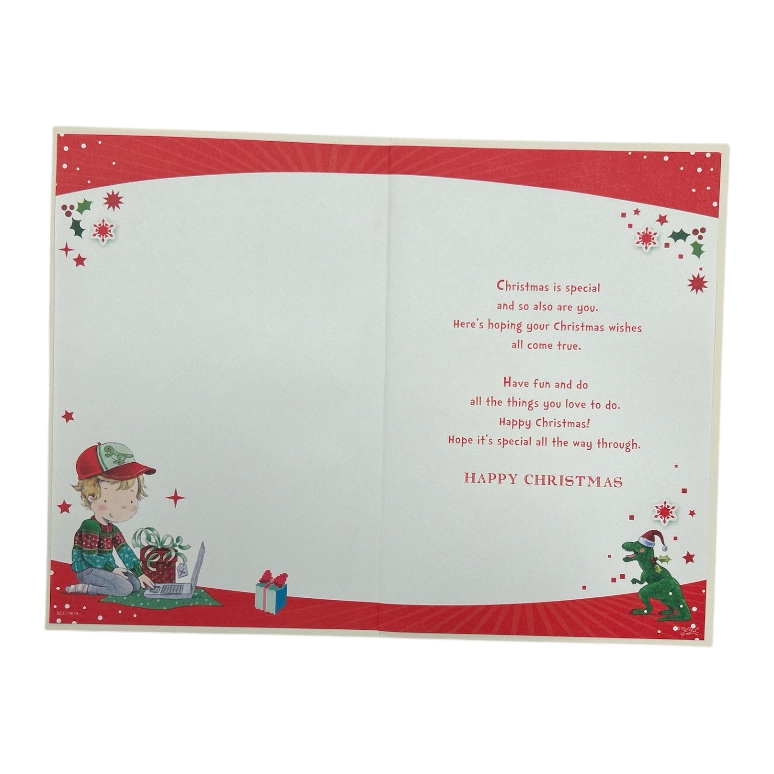 Special Son Christmas Tree Rex Dinosaur Design Christmas Card with Badge
