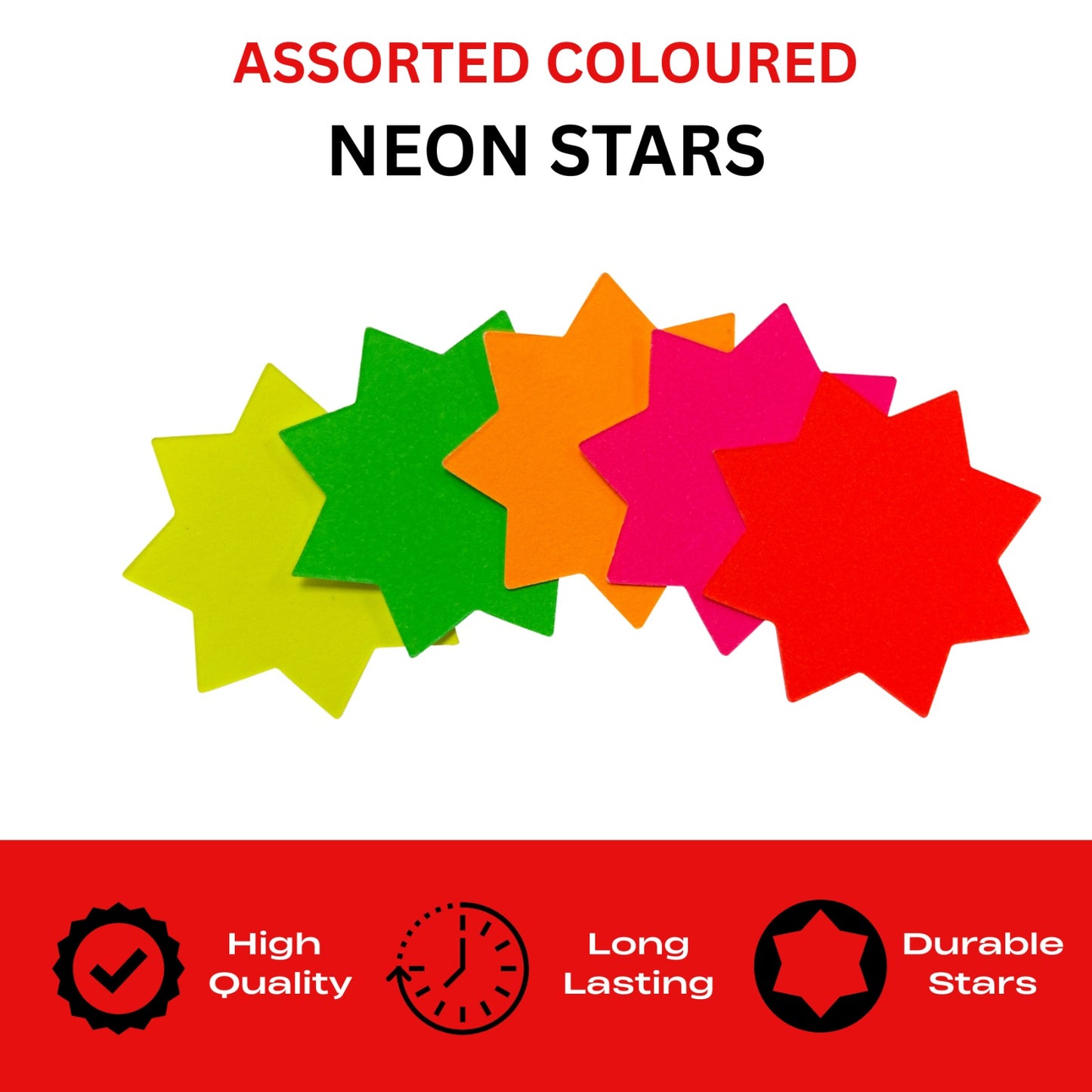 Pack of 40 Assorted Coloured Neon Fluorescent Stars 100 x 100mm
