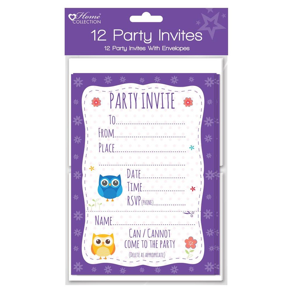 Pack of 12 Woodland Party Invites / Invitiation - Owl Design