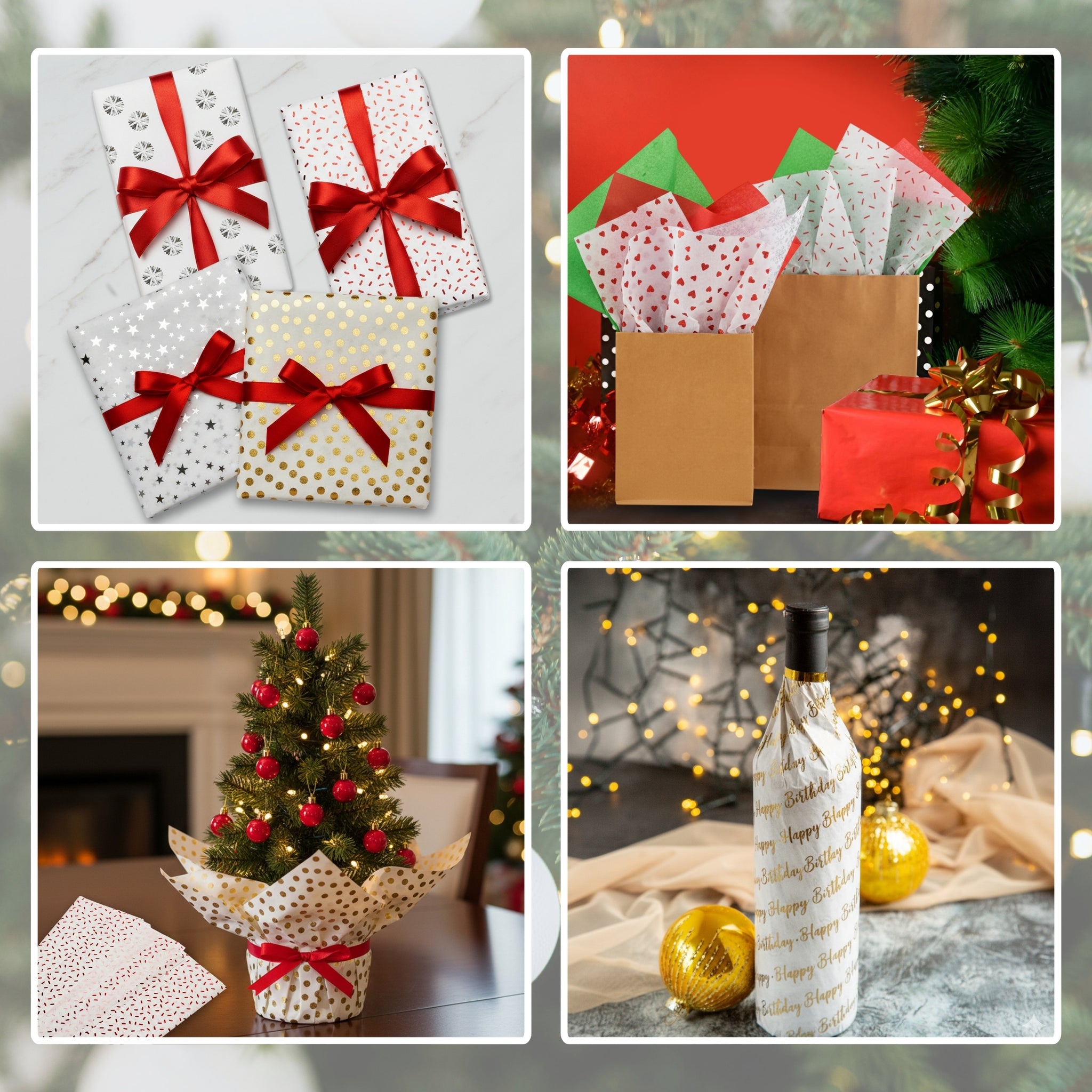 Pack of 10 Merry Christmas Luxury Red Metallic Plastic-Free 18gsm Tissue Paper Sheets 50x70cm - Patterned Tissue Paper for Xmas, New Year, Party, Wedding, Birthday Packing Present Gift Box DIY Art Crafts