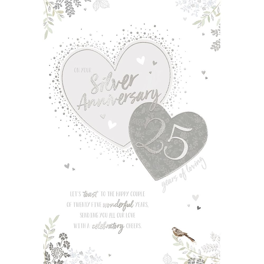 25th Silver Wedding Anniversary Card Silver Hearts Design 