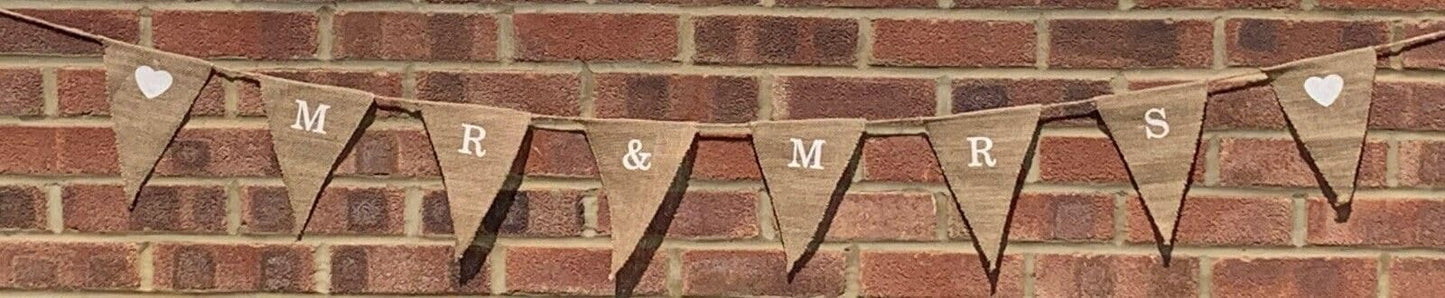 8 Pennants Mr & Mrs And Hearts Hessian Bunting